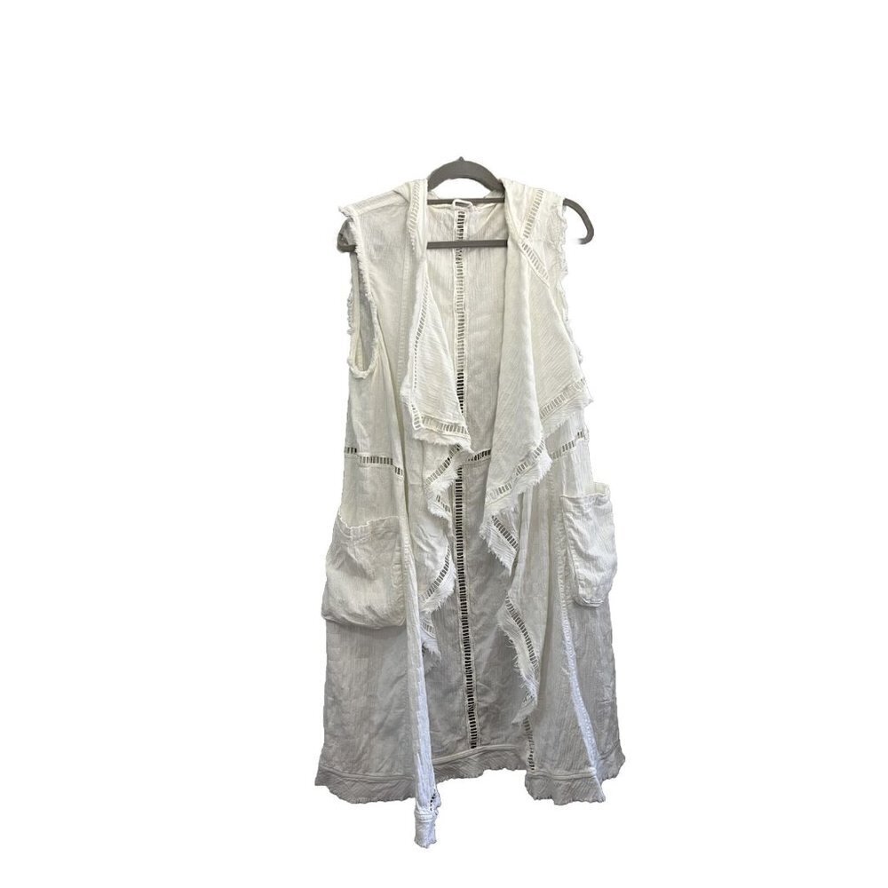 Free People White Midi Length Vest Hooded Pockets Draped Raw Hem